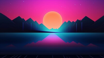 Minimalism, futuristic dark background with bright colored geometry, mountains and a big sun created with Generative AI technology

