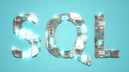 modern shining cybernetical text SQL on blue background - abstract 3D illustration