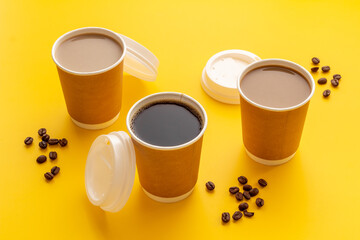 Coffee to go in many paper cups. Takeaway coffee