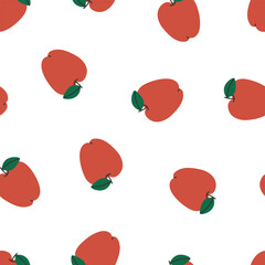 Hand drawn cute cartoon seamless pattern with red apple with leaf. Flat vector garden harvest print design in colorful doodle style. Repeated background with fresh fruit, wrapping or wallpaper.