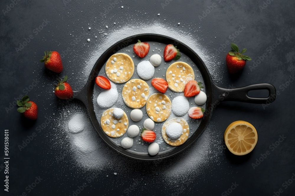 Poster breakfast of little white pancake cereal with strawberries on a frying pan on a grey background. per