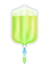 Vitamins collagen light green inside saline bag. Injection of IV drip vitamin minerals therapy for health skin. Medical aesthetic concept. 3D file PNG.