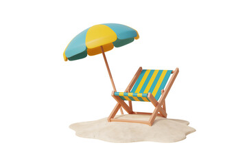 3d Beach chair and umbrella, Summer tropical sand beach on a sunny day. Summer vacation. 3d rendering. - obrazy, fototapety, plakaty