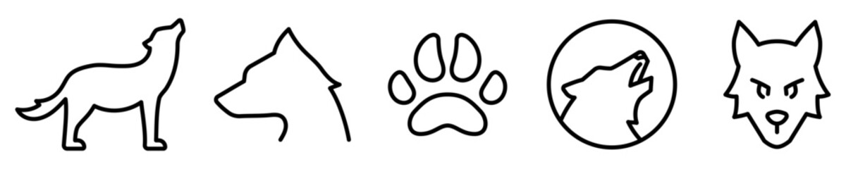 Conjunto de iconos de lobo. Animal vertebrado de vida salvaje, depredador, carnívoro. Huella y rostro de lobo. Ilustración vectorial