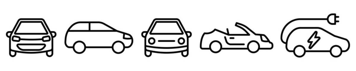 Conjunto de iconos de carros. Automóvil, vehículo de transporte liviano, vehículo eléctrico. Ilustración vectorial