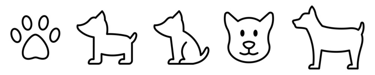 Conjunto de iconos de perro. Animal vertebrado, mamífero. Mascota, huella de perro, rostro. Ilustración vectorial