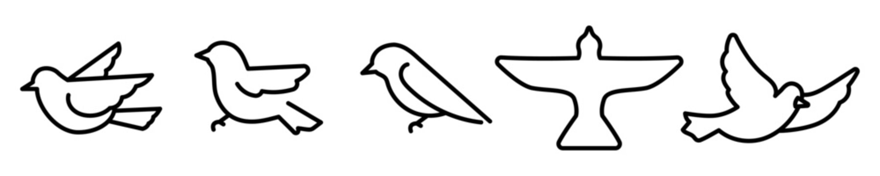 Conjunto de iconos de aves. Animal vertebrado. Paloma, p&aacute;jaro volando. Ilustraci&oacute;n vectorial