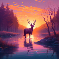 Deer illustration in forest with sunset. Generative AI.