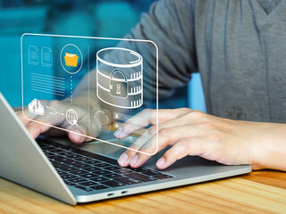 Concept of big data storage technology, database and network connection. Data file access security,...