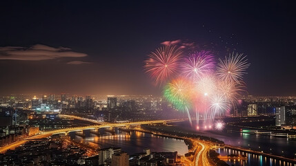 Fototapeta na wymiar Fireworks, Big colorful fireworks and city night view. generative AI