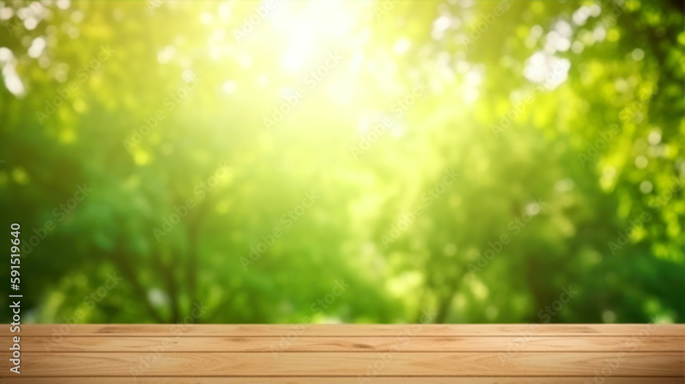 Poster wooden table in front of blurred green forest background with bokeh generative ai