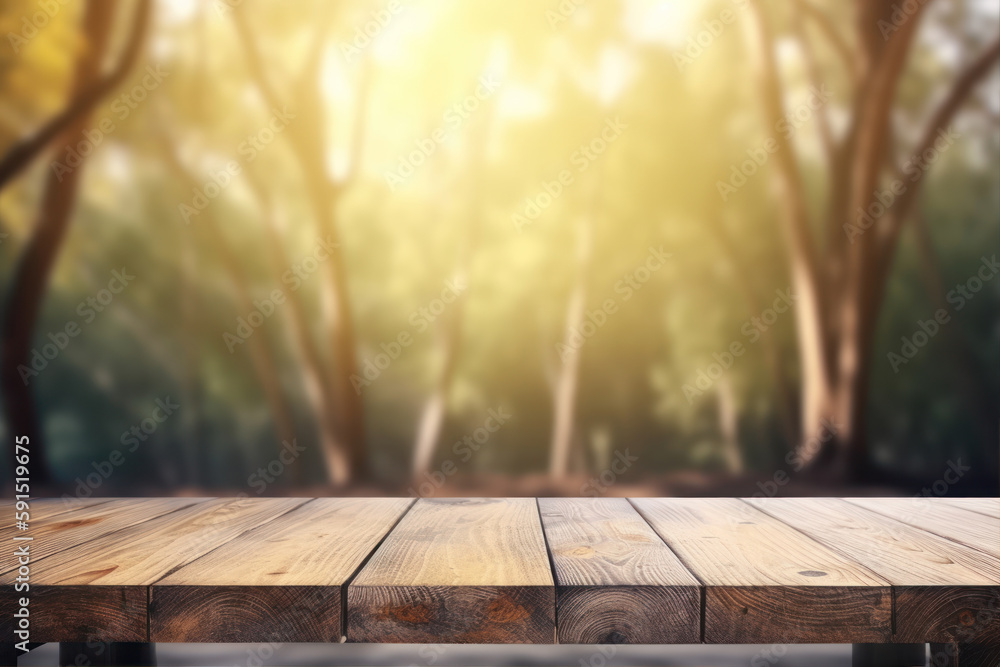 Poster wood table empty space for product blured trees generative ai
