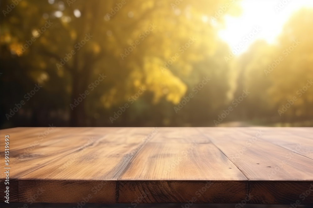 Poster wood table empty space for product blured trees generative ai