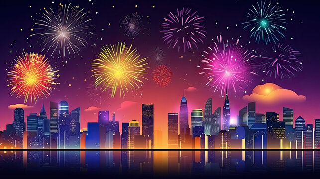 Fireworks, Big colorful fireworks and city night view. generative AI