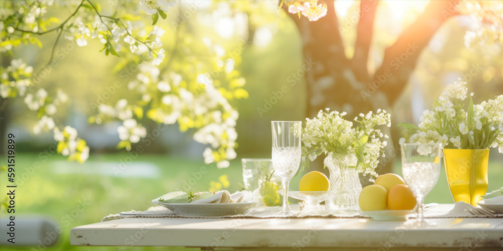 Poster spring table with trees in blooming and defocused sunny garden in background generative ai