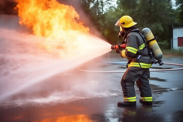 Bombero apagando fuego. Generative ai.