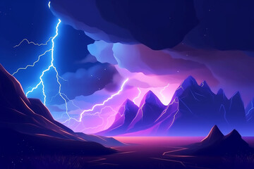 Ilustración de paisaje de montaña estilo futurista ciberpunk con tormenta eléctrica. Generative ai.
