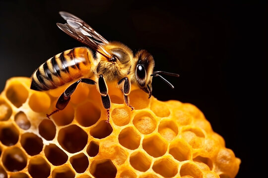 Panal de abejas de miel de cerca, imagen macro de abejas. Generative ai.
