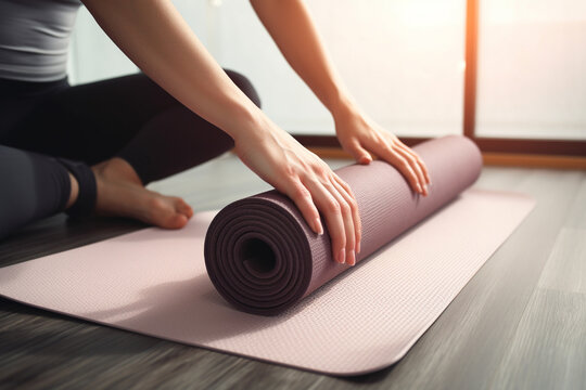Manos de mujer con alfombrillas de yoga. Mujer joven en sesi&oacute;n de ejercicio de yoga. Manos enrollando esterilla de yoga. Generative ai.