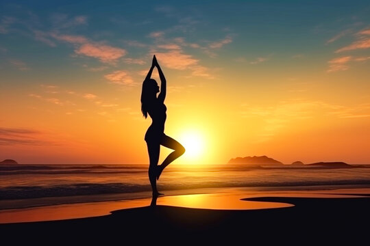 Mujer haciendo yoga en la playa al atardecer con espectacular puesta de sol en el horizonte. Generative ai.