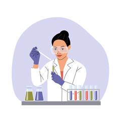 Woman Scientist analysing biochemicals samples in the lab. Vector cartoon flat style illustration