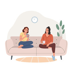 Girlfriends are sitting and drinking tea at home on the sofa. Vector flat style illustration