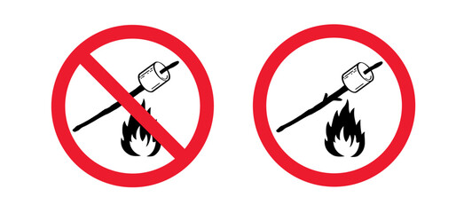 Stop, no sugar marshmallow on fire. Do not sweet marshmallow for bbq, cooking icon or symbol. No ban, forbidden marshmallows. Eating roasted candies sweets. Prohibited sign