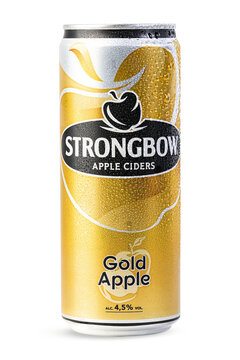 A Can of Strongbow Apple Ciders with Condensation Drops Isolated on White Background