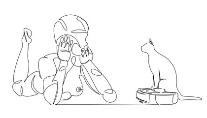 robot woman, robot vacuum cleaner and cat