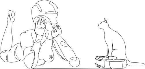 robot woman, robot vacuum cleaner and cat