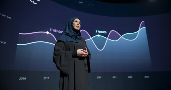 Young Woman Business Executive Introduces New Software Product on Stage at a Conference. Arab Expert Does Motivational Talk. Speaker Having a Lecture about Science, Technology, Development, Leadership