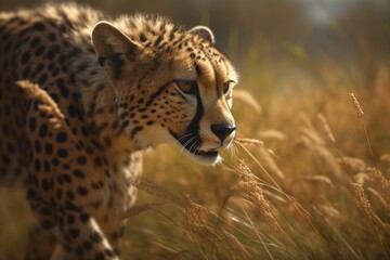 A detailed illustration of a predator stalking its prey, such as a cheetah or hawk, Generative AI