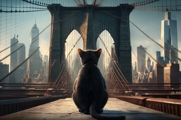 View from the back of cat on brooklyn bridge illustration generative ai