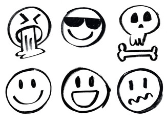 Emojis, different expressions. Illustration. Afraid, confused, happy, happy, vomiting, disgusted, little skull, gloomy, crazy, peaceful. Drawing hand marker pen. Brush isolated on white background.