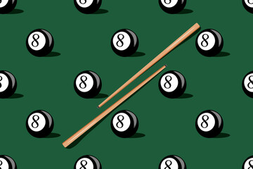 Seamless pattern with Black Billiard Ball number eight and cue. Endless background with Pool Ball. Banner for Snooker website. Vector illustration. Wallpaper with table game.