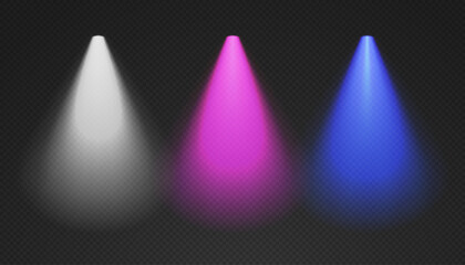 Three cone lights from top with darkened edges - white, purple and blue. Volumetric spotlight effect on dark background. Empty limelight in studio or concert scene. 3d rendering. - obrazy, fototapety, plakaty
