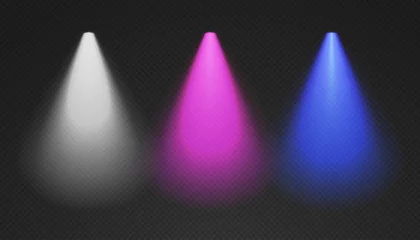 Foto auf Alu-Dibond Three cone lights from top with darkened edges - white, purple and blue. Volumetric spotlight effect on dark background. Empty limelight in studio or concert scene. 3d rendering. © Kusandra