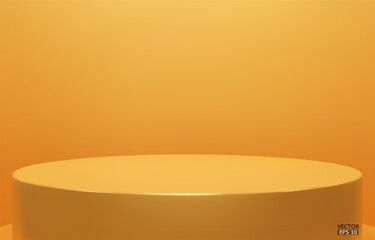Fototapeta na wymiar Shiny yellow round pedestal on studio backdrops. Blank display or clean room for showing product. Minimalist mockup for podium display or showcase. 3D vector illustration.