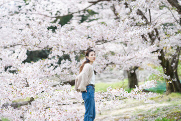 桜の花と女性