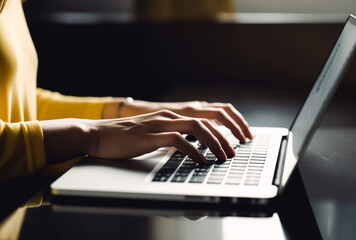 Woman working remotely in front of a laptop in her home office. Close-up of hands and keyboard. Online customer service concept for online stores or help desk. Generative ai