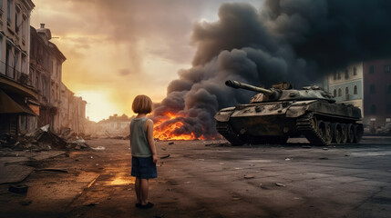 War, a child, little girl, stands in front of a tank, in the background are burning ruins of bombed city