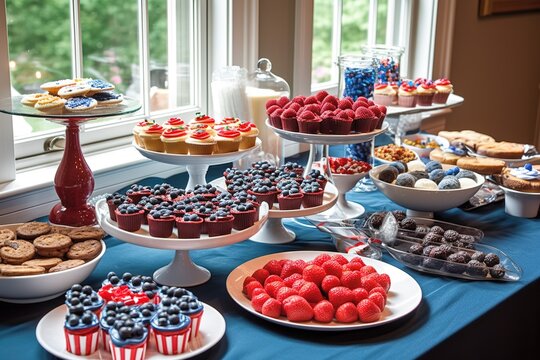 Independence Day themed dessert table, featuring an array of red, white, and blue treats, such as flag-shaped cookies, patriotic cupcakes, and a star-spangled fruit platter. Generative AI
