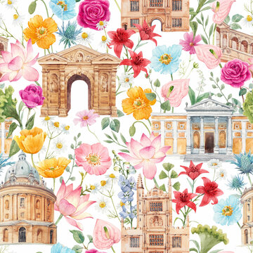 Beautiful seamless patrtern with watercolor hand drawn Oxford historical sites and flowers. Stock illustration.