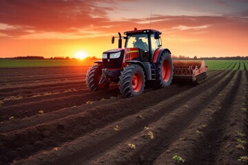 Obraz premium a Tractor Plowing a Field at Sunset