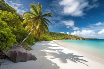 a serene tropical beach scene with a solitary palm tree