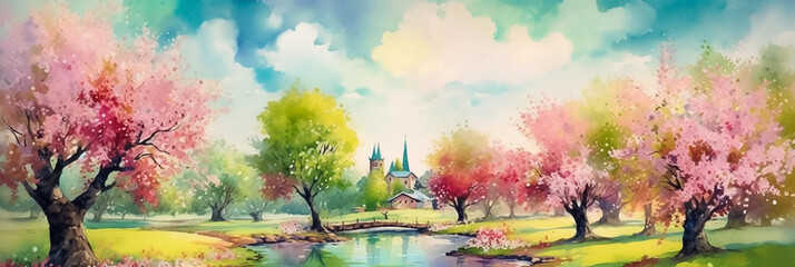 Obraz na płótnie Canvas Panoramic landscape with blossom trees, church and pond, horizontal digital painting. Generative AI
