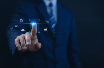 businessman scans fingerprints through a virtual screen. Cybersecurity code concept for biometric authentication.	
