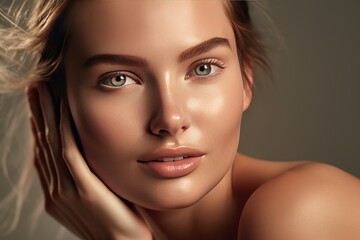 Obraz premium Fashion portrait of young beautiful glowing skin woman model, skin care, emphasizing the natural beauty and radiance of healthy skin, AI generated