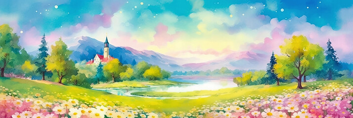Fototapeta na wymiar Panoramic landscape with view on lake, mountains and church. Digital watercolor painting. Generative AI