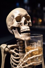 A skeleton drinking an alcoholic drink addicted alcoholism with bad health habits Generative AI Illustration